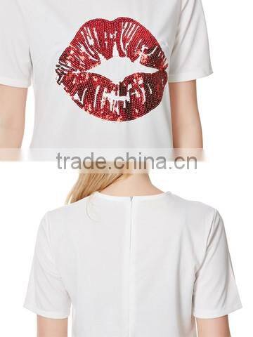 Hot selling low MOQ summer design ladies cool embellished t-shirt women