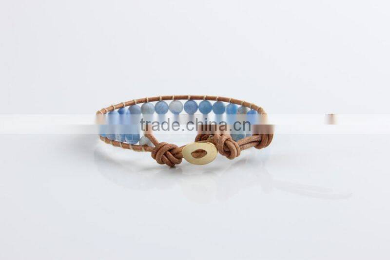 Lap beaded blue frosted agate stone natural leather bracelet for women party jewelry wholesale