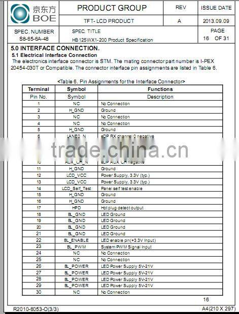 12.5 Inch colour TFT LCD with LCD backlight/Anti-glare surface HB125WX1-200 Monitors