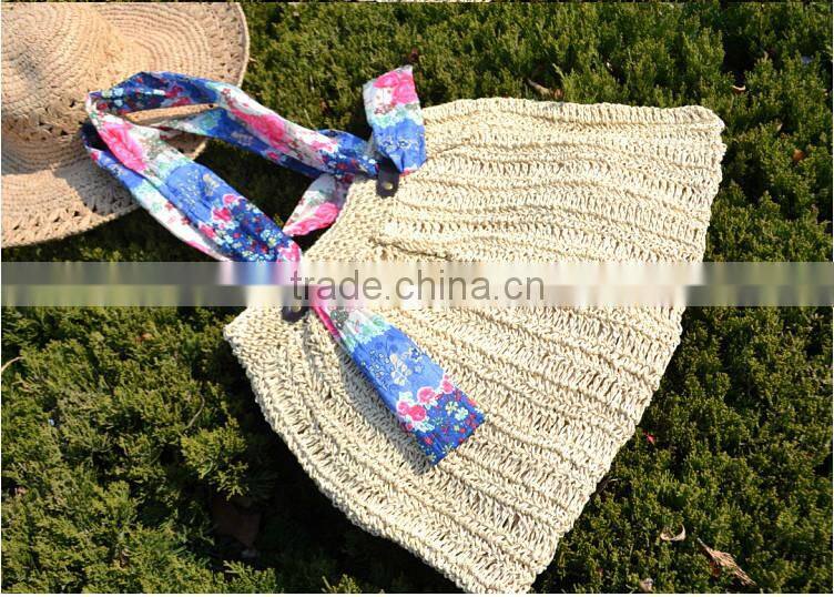 paper straw color women beach tote bag with cloth handle