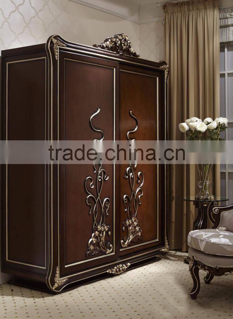New design neoclassic bedroom furniture solid wood floral carving two sliding doors wardrobe