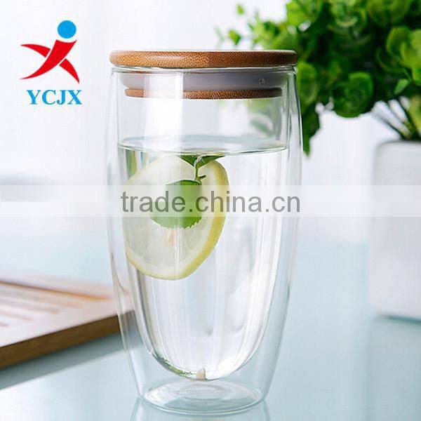 350ML Clear Double Wall Glass Tea Cup with Bamboo Lid