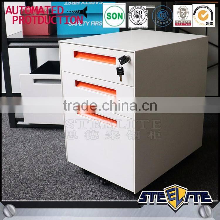 Lockable white and orange color steel file cabinet price 3 drawers mobile cabinet