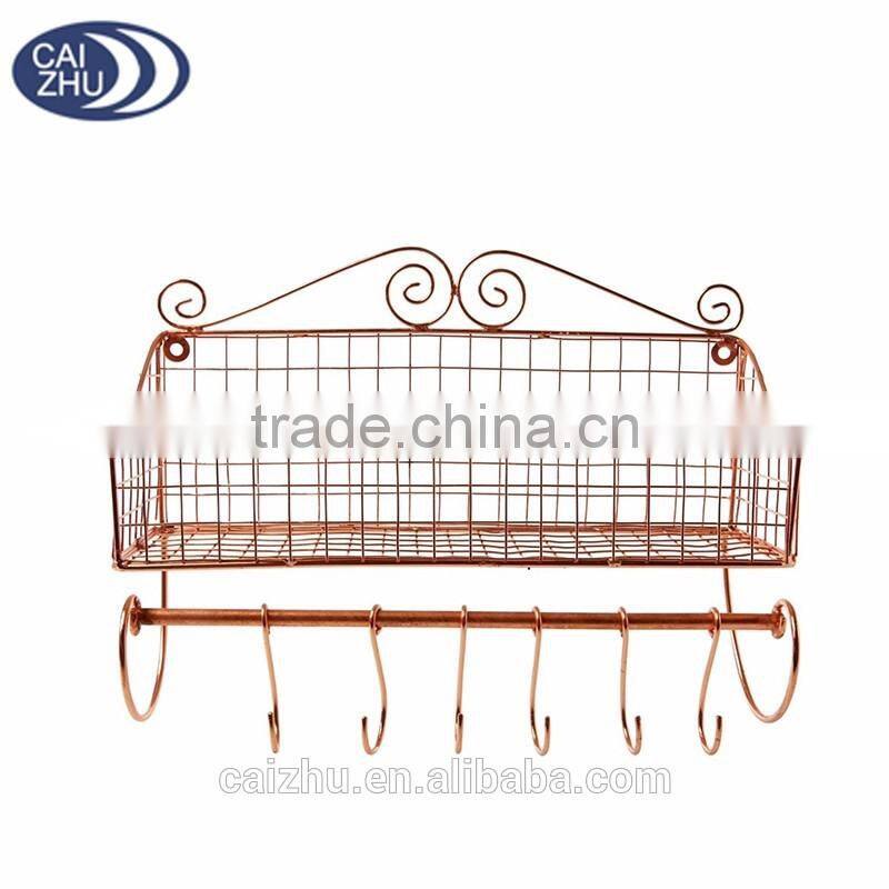 VINTAGE COPPER STORAGE BASKET SHELF UNIT WALL HUNG KITCHEN WIRE BASKET