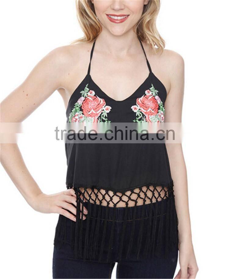Wholesale Polyester Tank Tops Embroidered Fringe Halter Tank Women Embroidered Tops