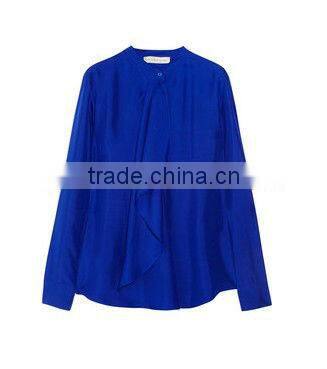 Hot sale ladies royal blue long sleeve ruffled fashion korean summer blouse