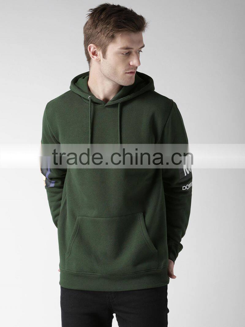 Men Green Printed Back Hooded Sweatshirt Long Sleeves Straight Hem Kangaroo Pocket Hoodies 60% Cotton 40% Polyester Custom Patte