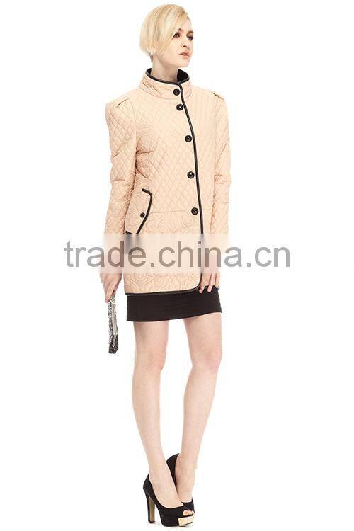 Ladies Quilted Stand Collar With Leather Trim Jacket