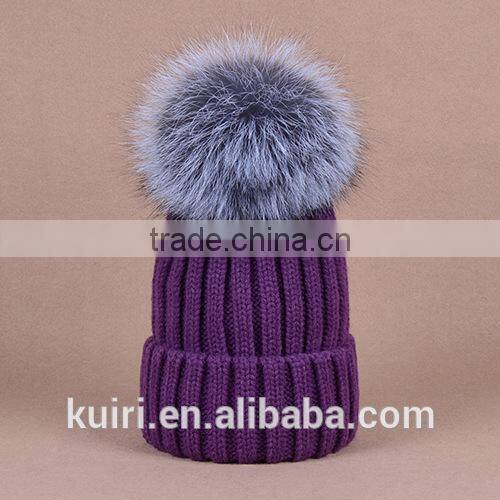 knitted hat with snap silver fox fur ball on top