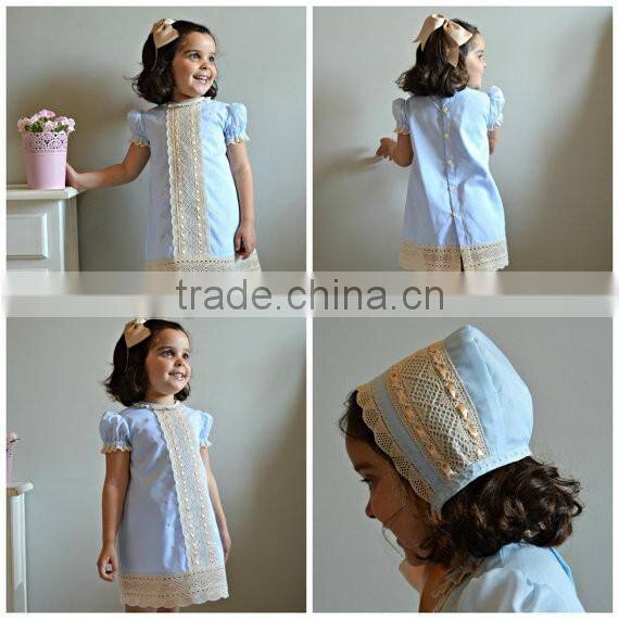 2017 Boutique Girl Clothing Baby Kids Princess Blue Lace Cap Sleeve Cotton Dress