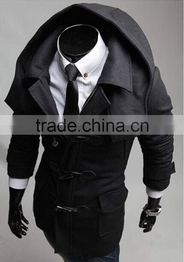 Hot sale cotton and polyester mixed stand collar with hat black and gray 4 size for choice woolen men coat clothing