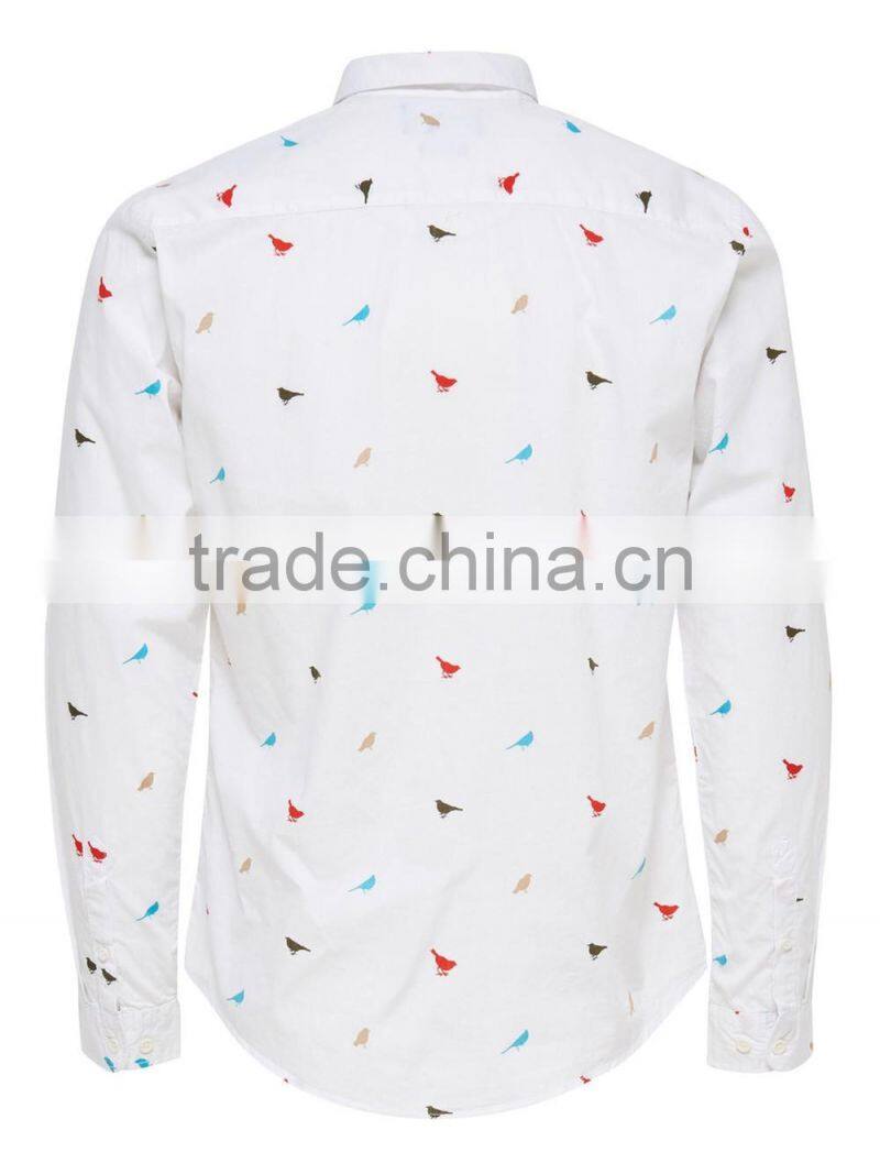 Men's Long Sleeve Birds Pattern Cotton Shirt