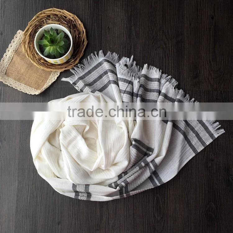 Fashion New Arrival Women Lady Long Plain Cotton Linen Striped Yarn Dyed Scarf