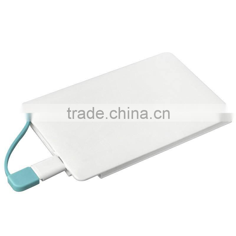 Easy carry promotional gift ultra thin 2500mAh credit card power bank with built in micro usb cable and i phone adapator