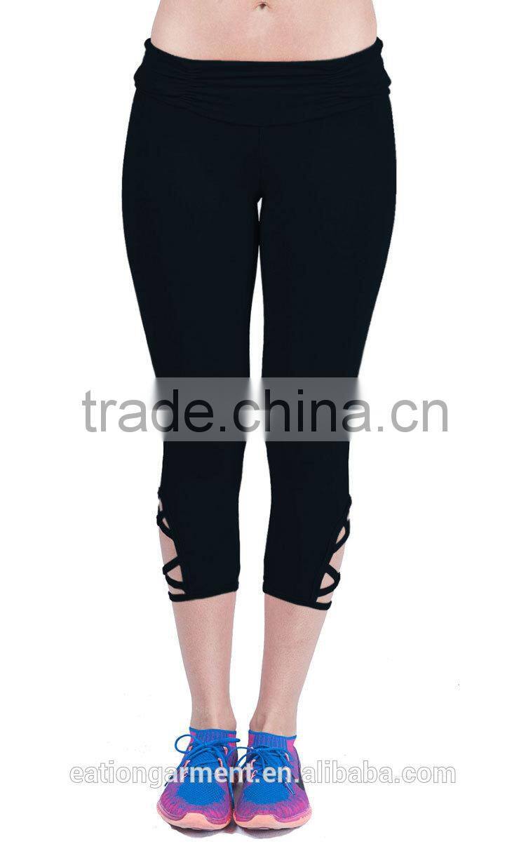 Slimming style scrunchy waist crossing straps on the bottom of each leg 4 way stretching bodybuilding fitness yogo leggings