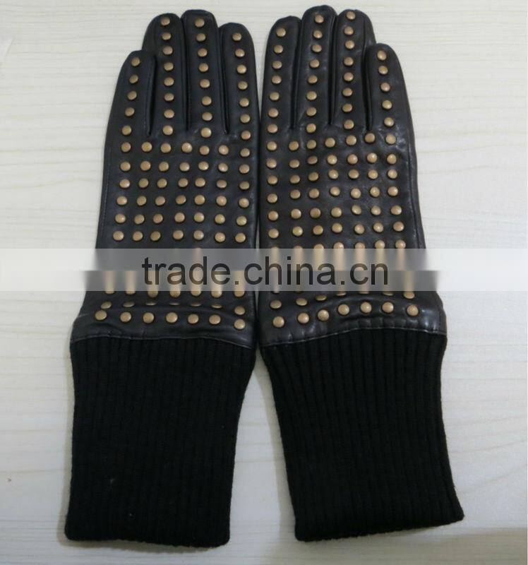 fashion lady long wearing studs leather gloves with elastic cuff