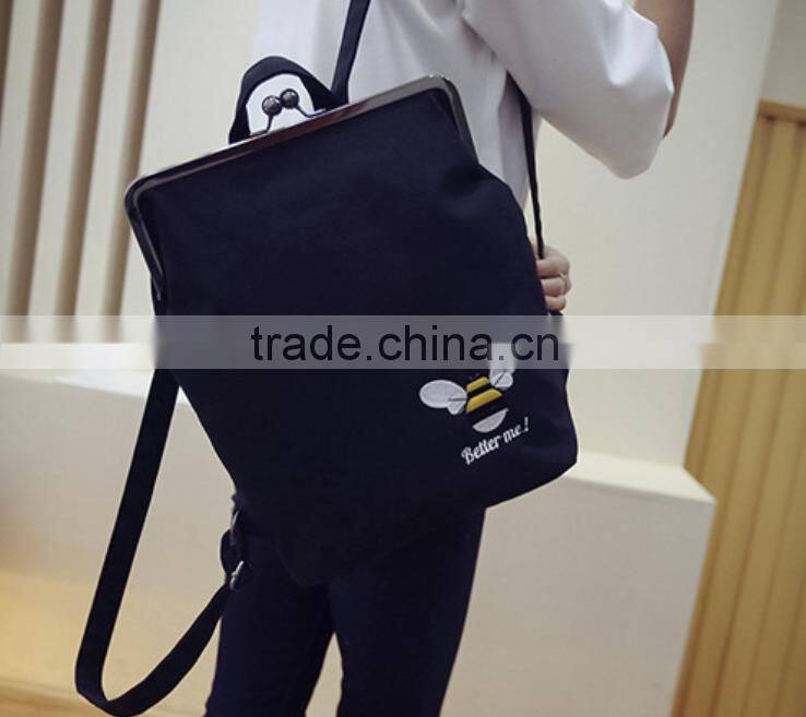 2016 new design backpack fashion lady's tote bag canvas backpack with kiss buckle