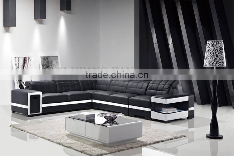 black cheap adjustable backrest sectional leather sofa set with storage and drawer