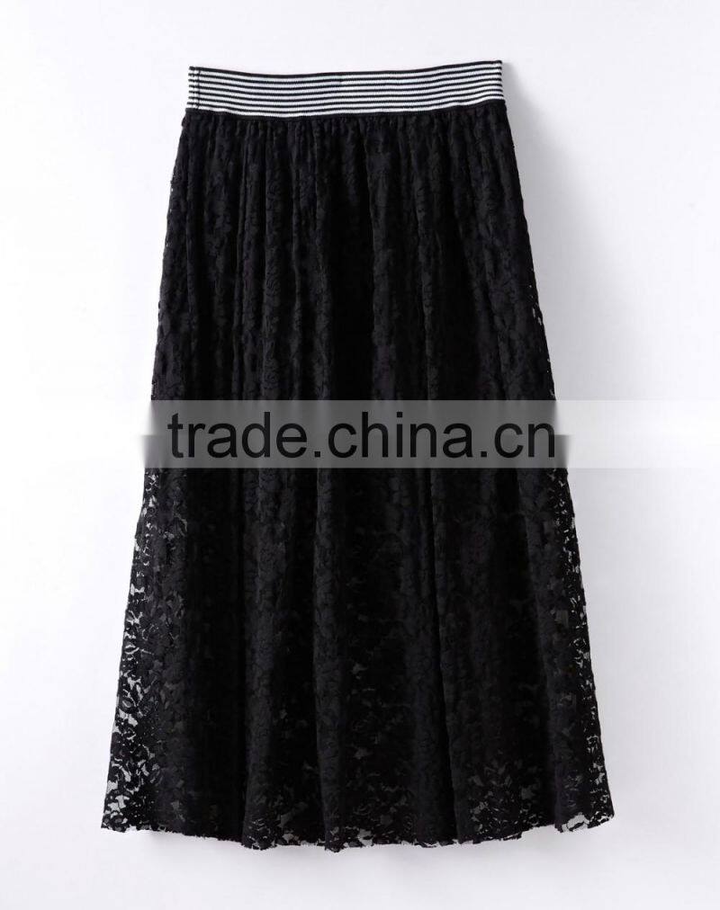 2016 Fashion Women Black Hollow Lace Midi Skirt