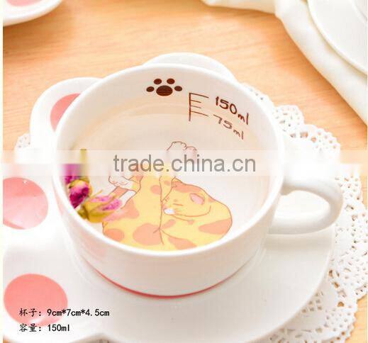creative lovely pussy cat ceramic coffee mug set with tea tray, promotional pocelain kitty series of 2-piece suit