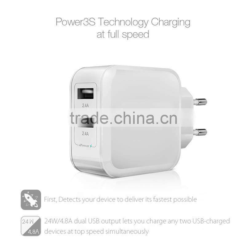 EU plug adapter 5V 4.8A USB wall charger 4.8A for iPhone/iPad and Samsung