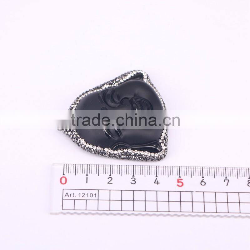 Black Obsidian Pendant, with Pave Crystal Edged Carving Obsidian Buddha Face Pendant, Gem stone Pendant For Jewelry Making