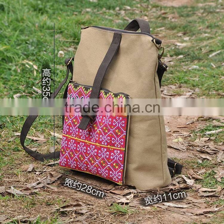 China alibaba jx brand backpack with pocket bag,custom canvas backpack, canvas and ethnic embroidery backpack