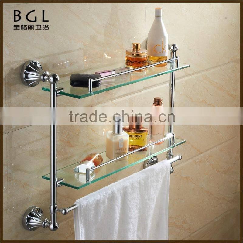 11102 hot sale zinc alloy chrome bathroom accessories double glass shelf