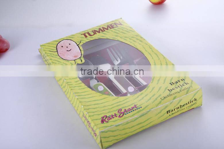 baby cutlery set stainless stee plastic handle packing into a beautiful paper box