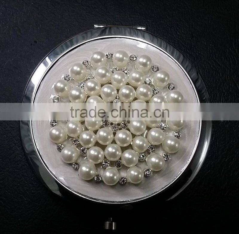 pearl and rhinestones compact makeup mirror professional