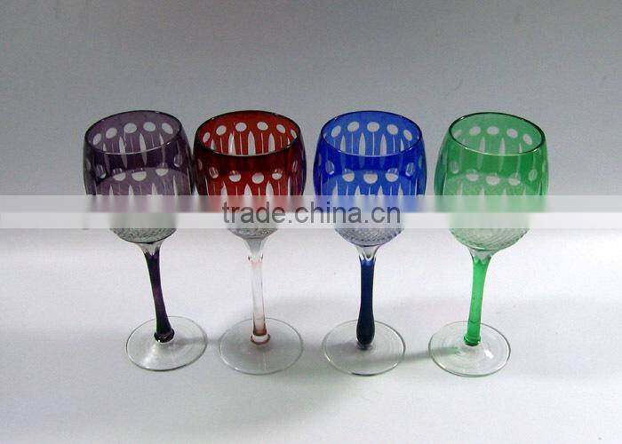 2017 China traditional made overlay etched pink wine glass