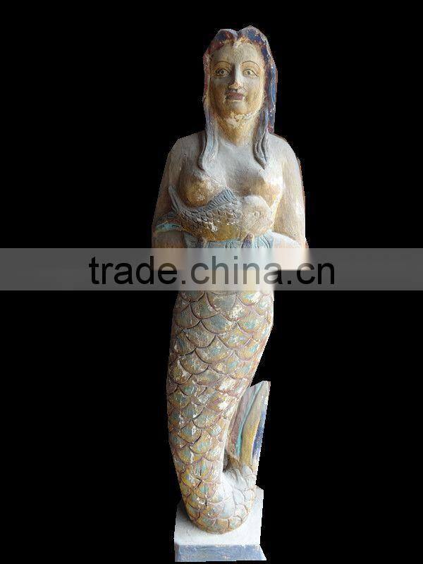 Archaistic Wood Carving Mermaid Statue,Carved Wood Sculpture For Decoration