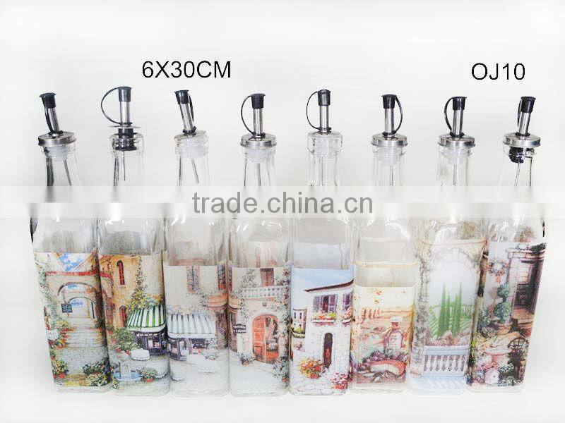 chinese favor decal square beautiful antique glass oil bottle with stopper