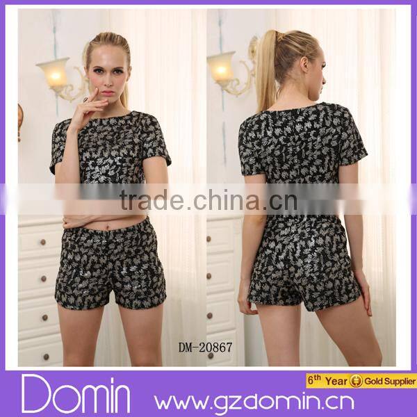 2015 New Arrival Short Sleeve Sequin Black Crop Tops For Women