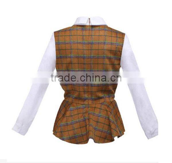 2015 Fashion cotton check chiffon ruffle bottom long sleeves direct manufacturer high quality big sleeve blouse