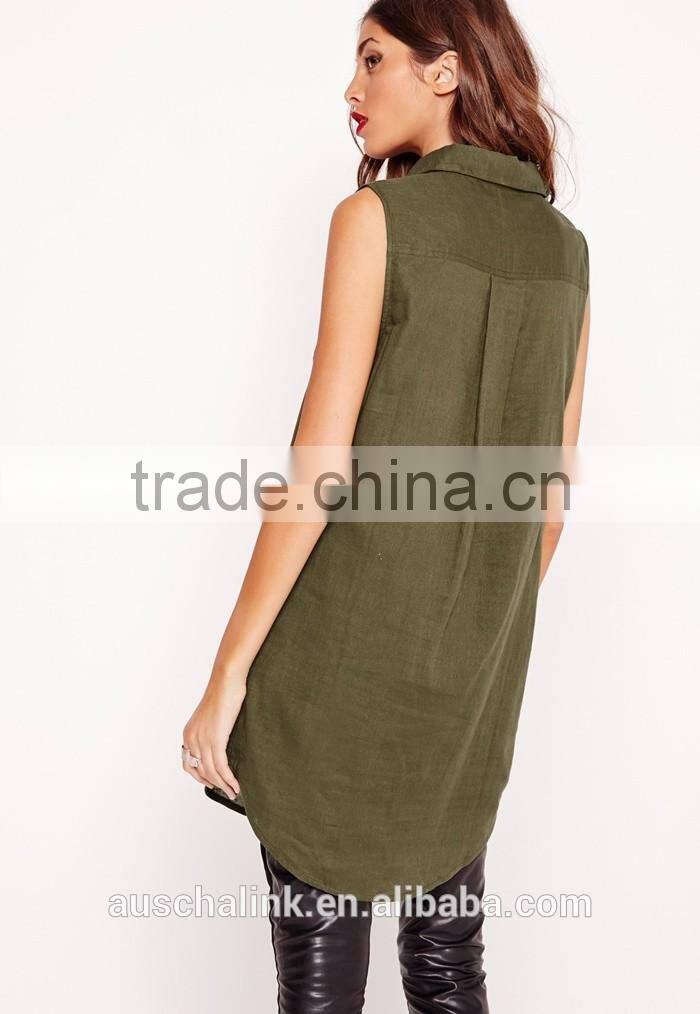 high quality elegant women khaki sleeveless soft material shirts