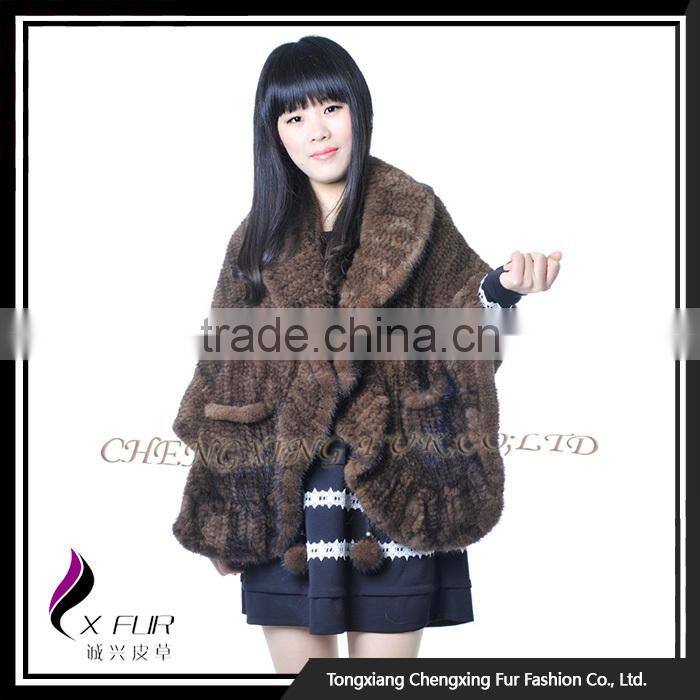 CX-B-M-105A Brown Color In-Stock 2016 New Design Knitted Mink Fur Women Fur Shawl