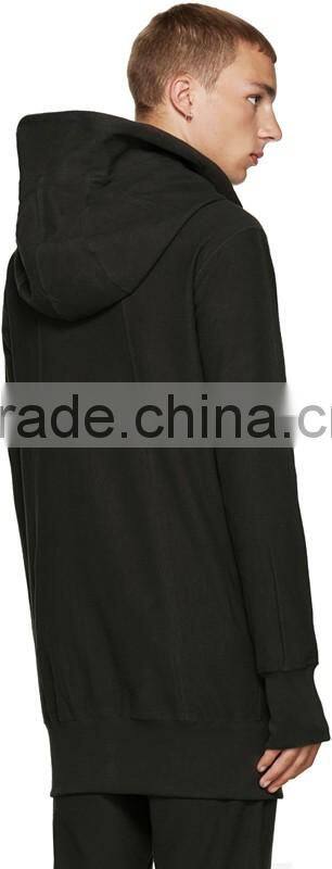 Long sleeve hoodie Structural wire at hood perimeter Asymmetrical zip closure Welt side pockets Rib knit cuffs and hem