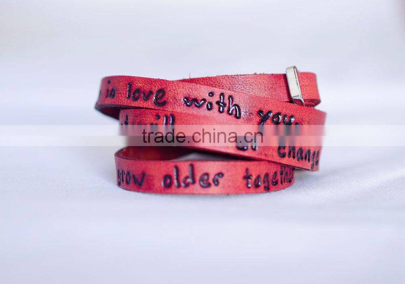 personalized leather wrap bracelet, custom logo hand-stamped leather bracelet, adjustable leather wrapped bracelet