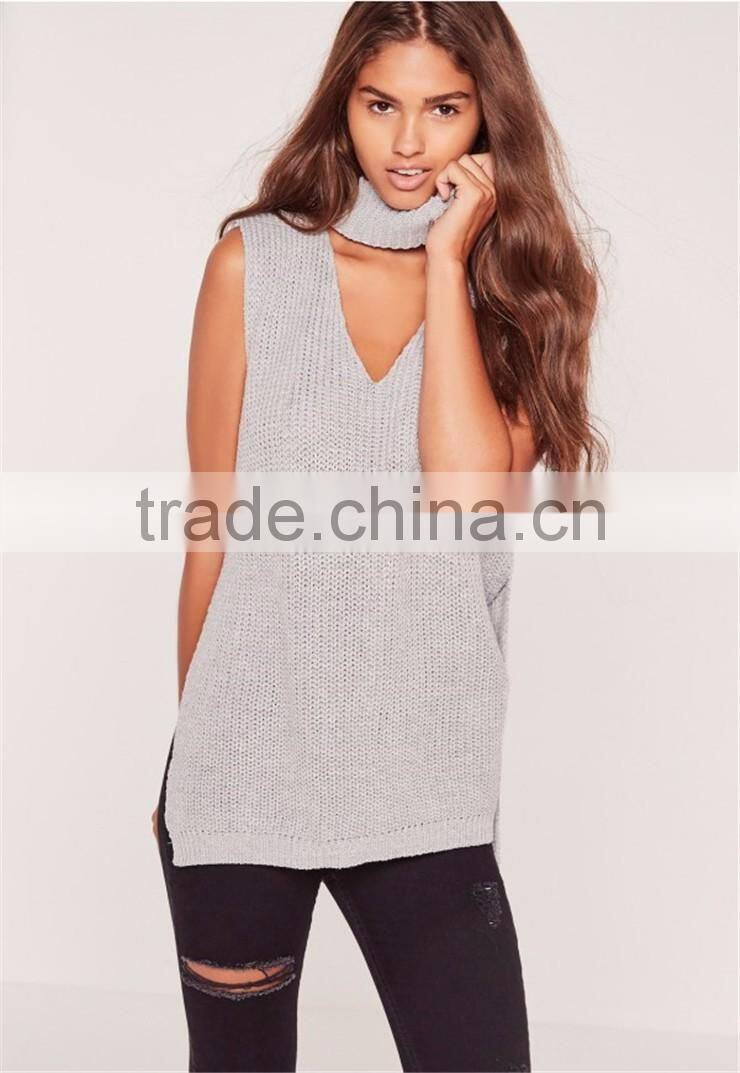 Plain Sleeveless Women Knitwear Sweater With Split Hem Choker Neck Chunky Tunic Grey