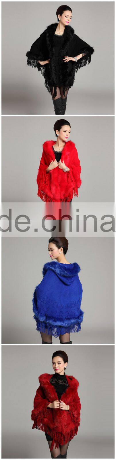 Fashion Tassel Hooded Fox Fur Coat Women Shawl Long Faux Fur Pashmina Cloak with Cap Cashmere Party Overcoat Autumn Winter New