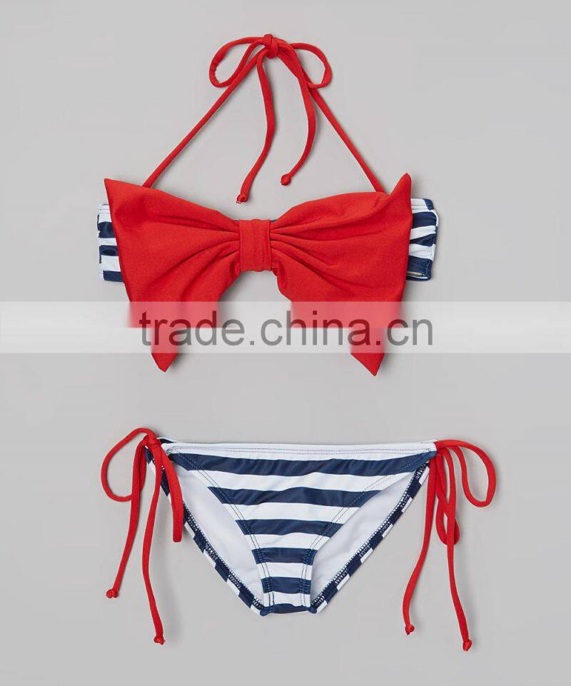 New Style Girl Swimsuit With Blue And Red Bow Bandeau Bikini Girl Beachwear Child Wear G-NP-TR905-322