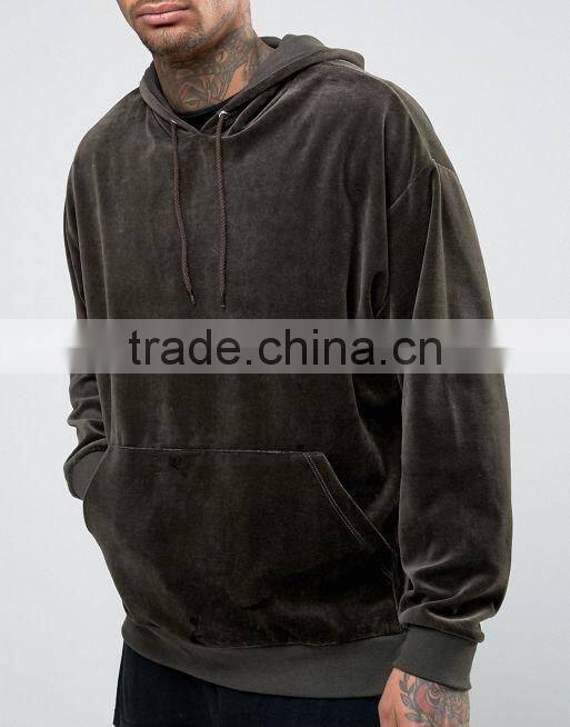 Men's Oversized Velour Hoodie In Khaki