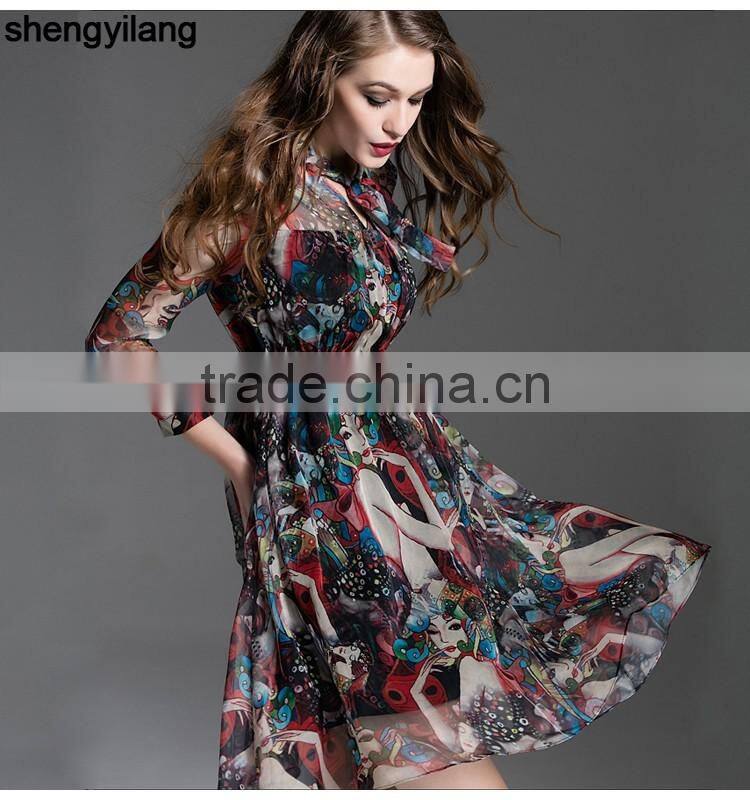 womens latest high quality printed chiffon traditional slim fitted dresses with bow