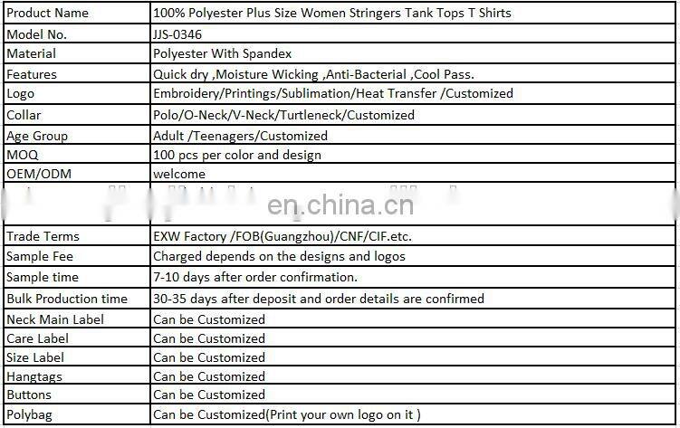 100% Polyester Plus Size Women Stringers Tank Tops T Shirts