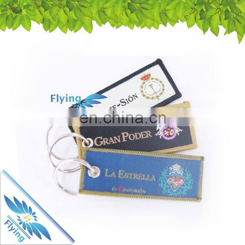 OEM keychain design, bulk cheap custom embroidery key ring with logo, airport fabric keychain for promotion