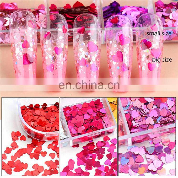 Hot sale 12 Grids Colorful Nail Art Sequins Holographic Glitter Flake Valentine's Day Heart Shape Designs 3D Nail Art Decoration