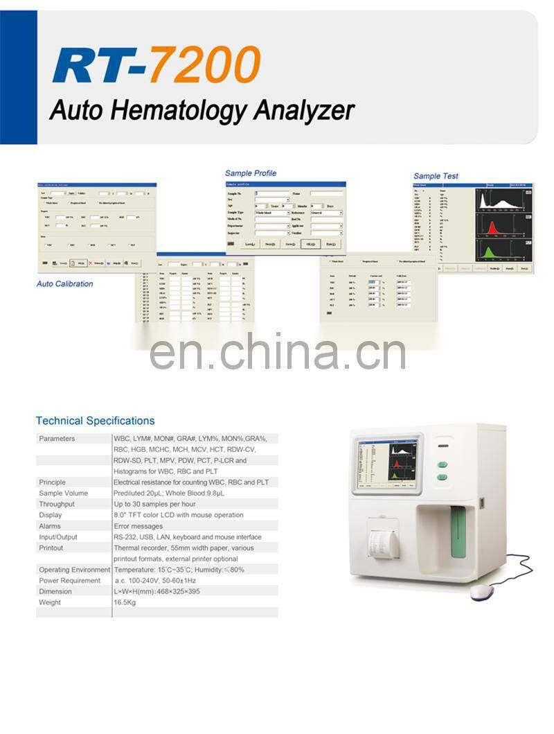 RT-7200 hematology analyzer 3 part hematology analyzer for clinic hospitals / laboratory / lab medical instruments