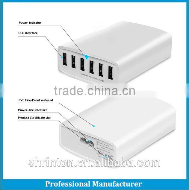Most Powerful Smart 60W 6 Port 12A Multi USB Charger with USB Cable Family Size for iPhone
