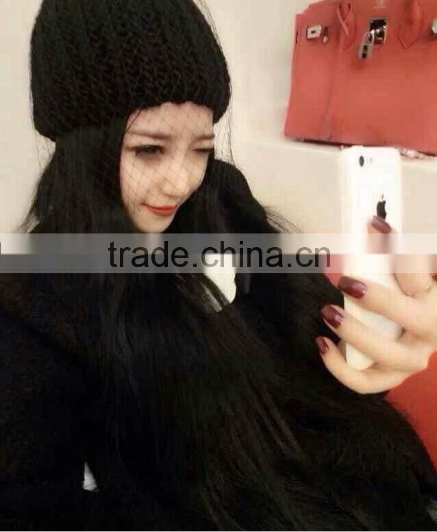 Hot Selling Lace Cover Tied Plain Acrylic Knitting Fashion Ladies Beanie Hat